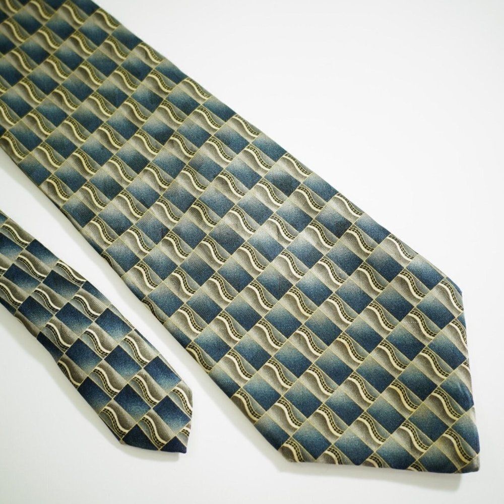 Pierre Cardin Tan Blue Metallic Abstract Geometric‎ Print Wide Silk Tie